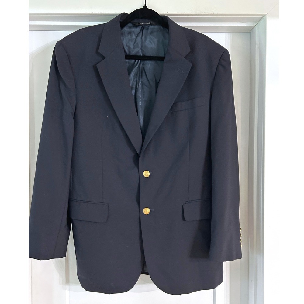 Jos A Bank Mens Navy Blue 100% Wool Blazer Gold Crest Buttons 42R Preppy Career